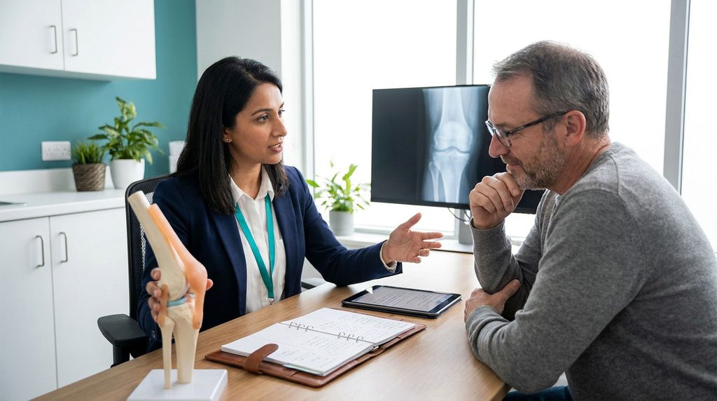 Doctor discussing a knee joint model with a patient and reviewing symptom notes.