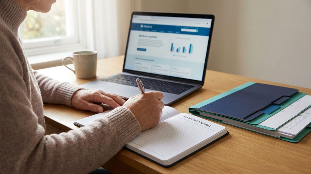 Adult preparing a symptom journal for a medical appointment.