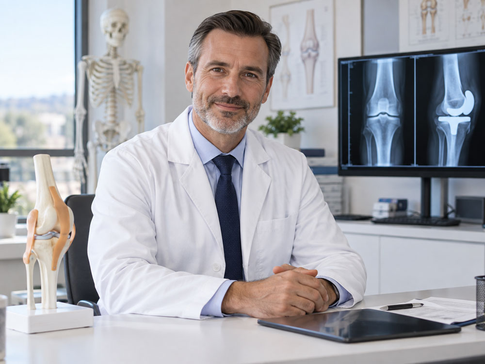 Male orthopedic doctor sitting at his desk in a bright medical office, wearing a white lab coat and blue tie, with a knee joint model on the table, X-ray images of a knee replacement displayed on a monitor behind him, and anatomical charts and a skeleton model in the background.