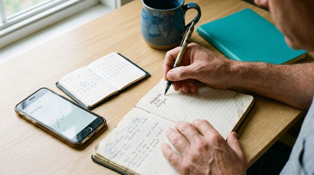 Close-up of a symptom journal beside a phone displaying a health-tracking chart.