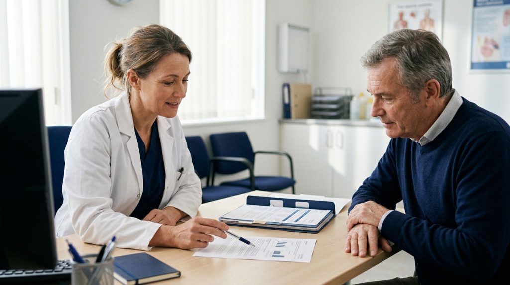 Patient and clinician reviewing an appointment summary and care records.