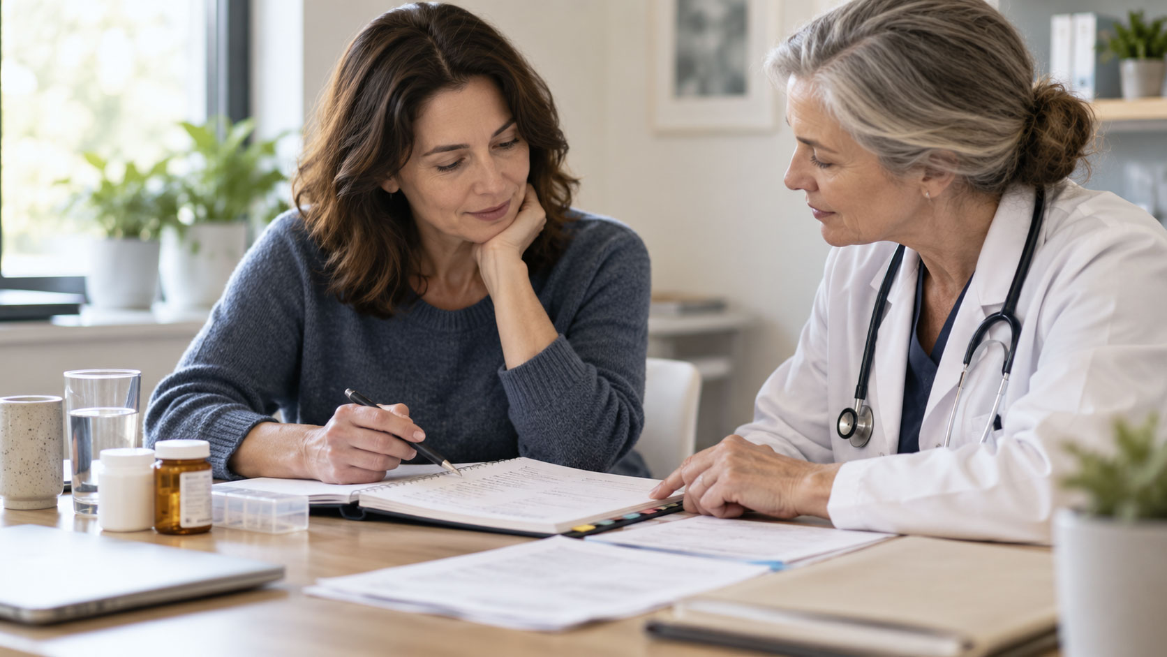 Female doctor in a white coat with a stethoscope discussing medical notes with a woman in a blue sweater at a desk, surrounded by papers, medication bottles, and a glass of water in a bright, plant-filled office.
