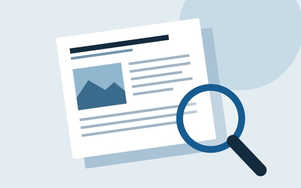 Abstract illustration of printed pages and a magnifying glass.