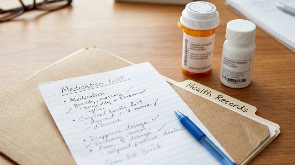 Medication containers and a current medicine list beside an organized folder.