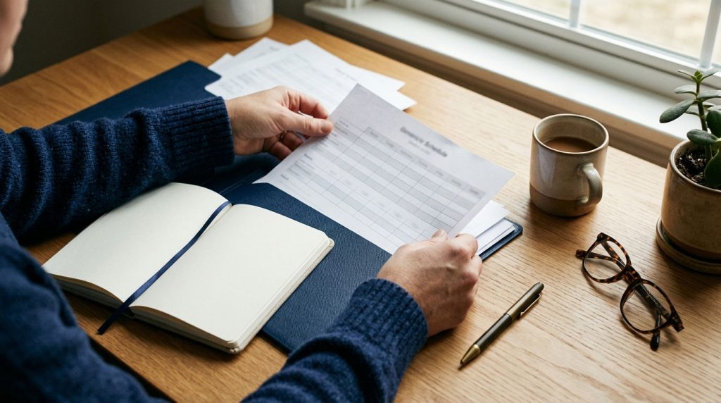 Person organizing a notebook and medical papers before an appointment.