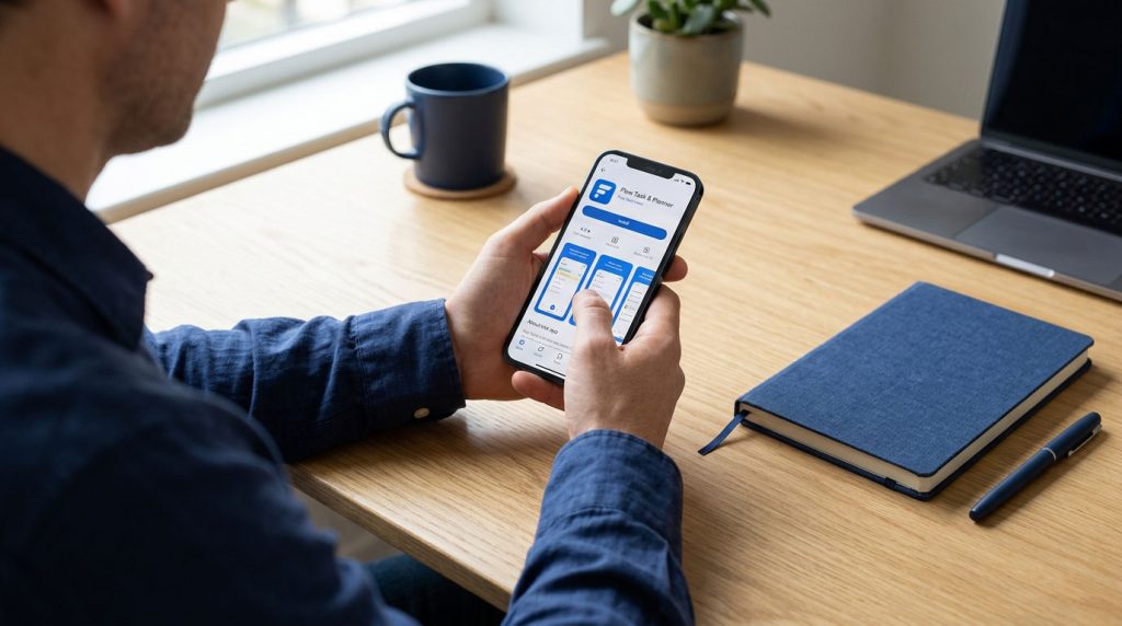Person reviewing a new app listing on a smartphone before installation.