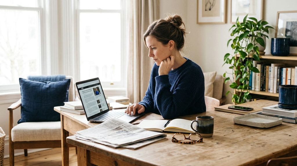 Reader checking a news article on a laptop beside a newspaper.