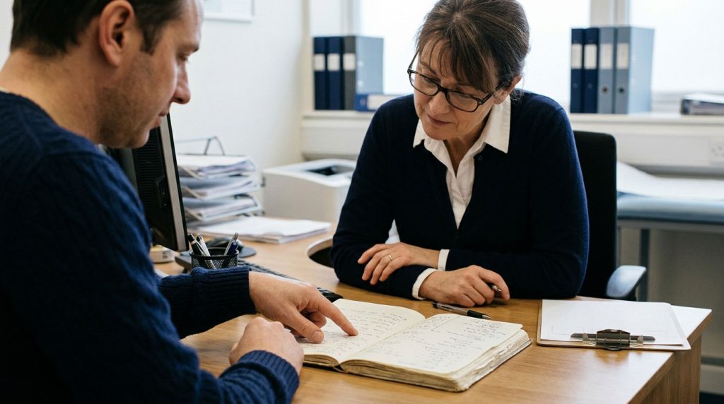 Patient and healthcare professional reviewing a symptom journal together.