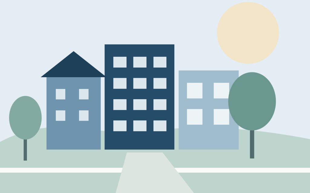 Abstract illustration of buildings and shared community spaces.