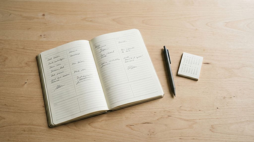 Open notebook arranged for recording symptoms, dates, and questions.