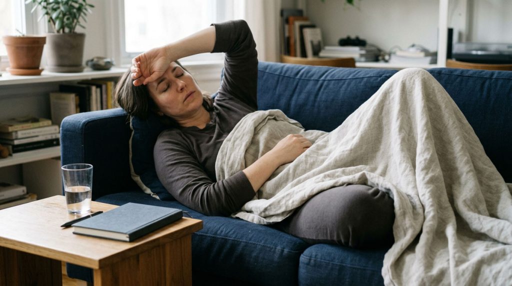 Adult resting under a blanket with a hand against their forehead.