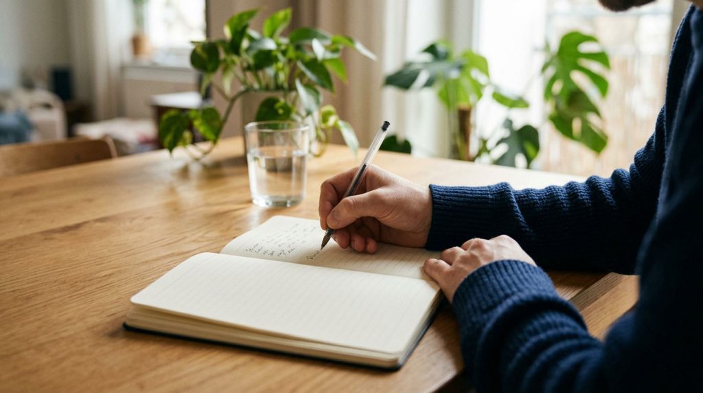 Person writing daily observations in a health journal at home.