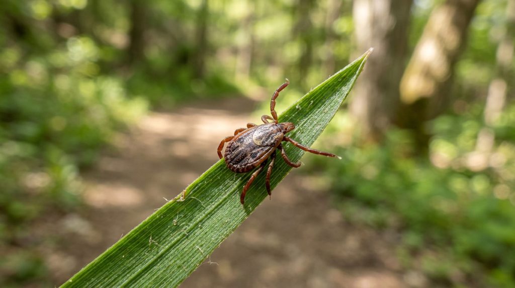 Tick resting on a blade of grass beside a wooded walking trail.
