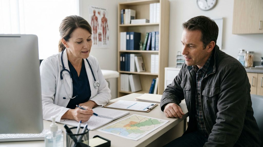 Patient discussing recent outdoor exposure and symptoms with a clinician.