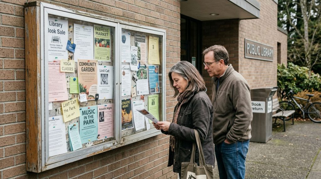 Residents reading community notices outside a neighborhood library.
