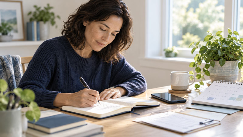 Woman sitting at a wooden table in a bright home office, writing in a notebook with a pen, surrounded by plants, a coffee mug, smartphone, and planner, with sunlight streaming through a window.
